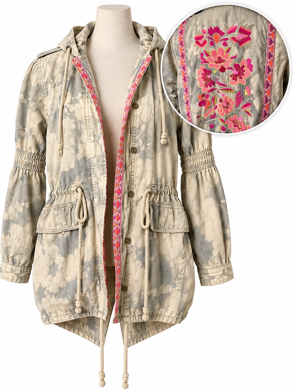 Free People Embroidered Anorak Hooded Utility Jacket Festival Boho Size 6 Camo